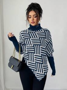 Selianne Women's Navy Blue Knitwear Rib-Knit Asymmetrical Long Pullover Sweater - Navy Blue - View 4