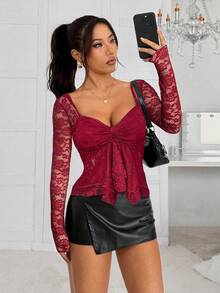 SHEIN EZwear 2025 新款秋冬女装优雅休闲性感波西米亚风格可爱酒红色蕾丝不对称下摆 T 恤衬衫万圣节服装女装圣诞服装女装派对外出上衣，优雅女士 - 酒紅色 - 查看 4