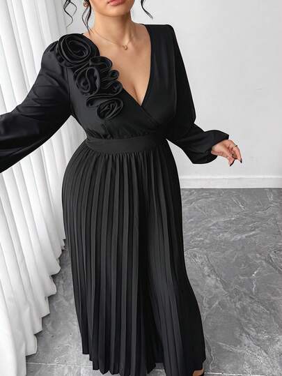 Elenzga Elegant Vintage French Romantic Floral Pleated V-Neck Jumpsuit, Casual & Commuting, Autumn/Winter