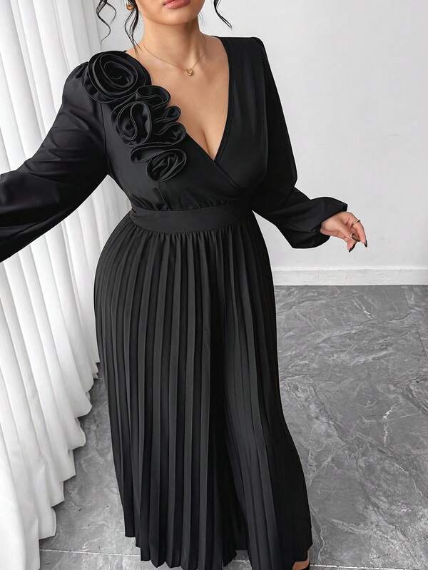 Elenzga Elegant Vintage French Romantic Floral Pleated V-Neck Jumpsuit, Casual & Commuting, Autumn/Winter