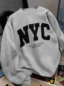 Manfinity 男士休闲标语印花圆领长袖宽松套头卫衣，秋冬款 - 灰色 - 查看 1