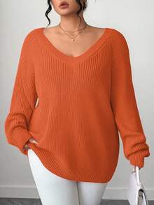 SHEIN Tall CURVE Plus Size Casual V-Neck Raglan Long Sleeve Pullover Sweater - Orange - View 1