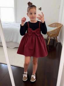 Emery Rose Kids Emery Rose Kids 可爱少女二合一大蝴蝶结前装饰连衣裙，舒适甜美，非常适合夏季和秋季的休闲日常穿着和上学穿着，学院风，母女装，上学日常穿着。 - 酒紅色 - 查看 3