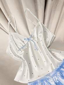 SilkySpell 缎面可爱波点印花吊带背心短裤女士睡衣套装 娃娃衫睡衣套装 女士短裤睡衣套装 女士短裤睡衣套装 夏季睡衣套装 女士睡衣套装 - 藍色 - 查看 4