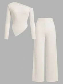 Firerie Kids Firerie Kids 两件套少女休闲针织不对称领T恤和阔腿裤套装，适合秋冬季日常休闲穿着 - 杏色 - 查看 2