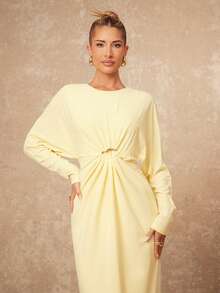 Lumalex VITNOS Damen blassgelbes elegantes Herbst Tee-Party Maxikleid, Puffärmel, gefaltete Taille, langes Hochzeitsgastkleid mit Metallknöpfen, Old Money Stil - Hellgelb - Übersicht 8