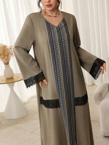 Al Najma Women's Classic Pattern Elegant Lace Trim Casual Turkish Maxi Dress