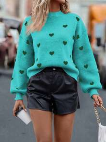 SHEIN LUNE Sweater Kasual Wanita Motif Hati dengan Bahu Longgar, Musim Gugur/Dingin - Hijau - View 3