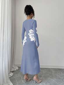 Elenzga 女士优雅印花高领修身收腰毛衣连衣裙，适合秋冬季穿着 - 霧霾藍 - 查看 2