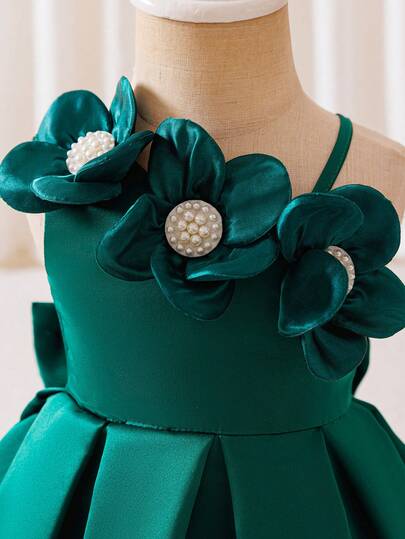 Glamorique Kids Baby Girl Elegant Satin Sleeveless Single-Side Cute Pearl Flower Waist Ruffle Back Bow Decor Party Dress