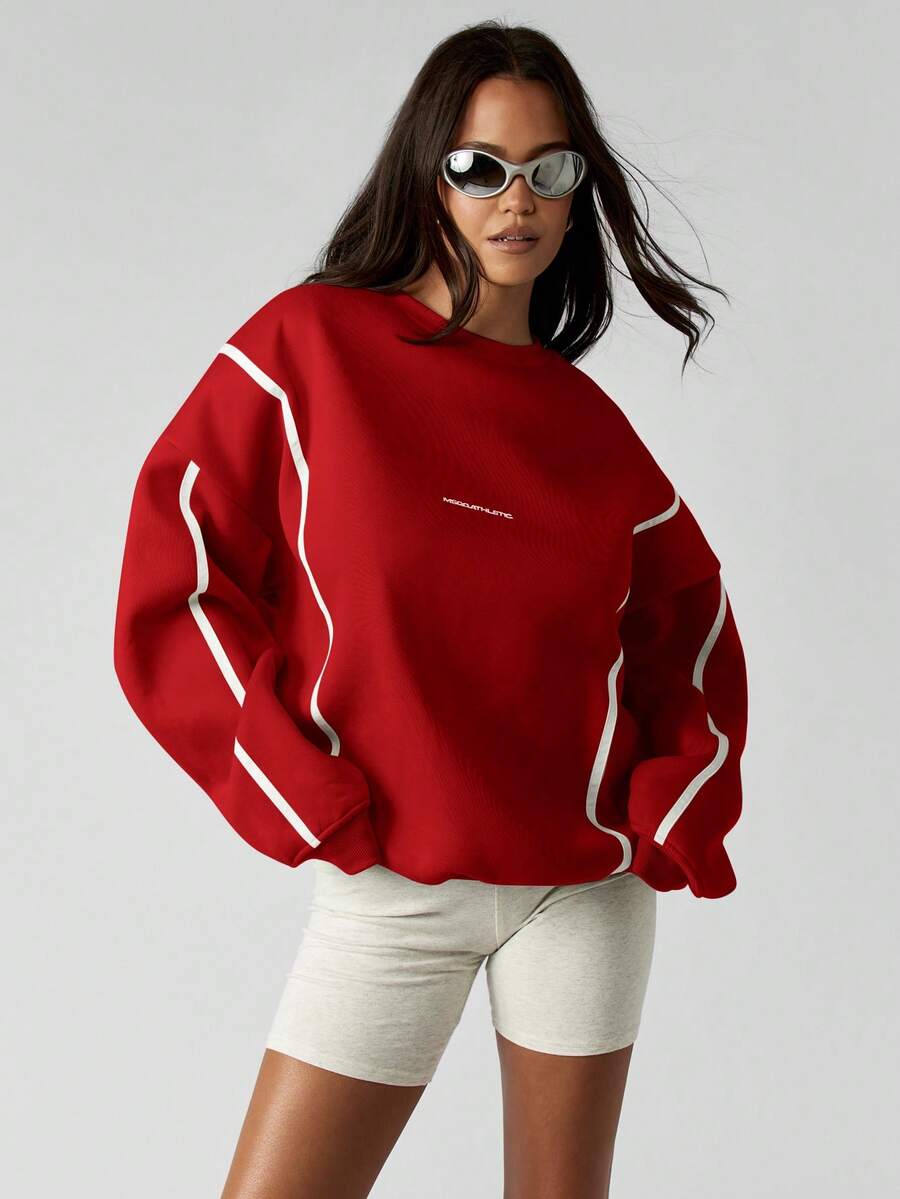 MISSGUIDED 圆领卫衣,撞色包边细节,长袖休闲套头衫,秋冬季舒适宽松版型,圣诞节必备 - 紅色 - 查看 1