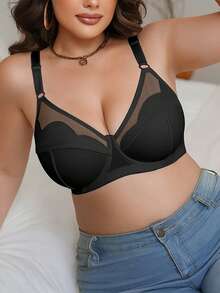 SHEIN 1pc Fashionable & Elegant Solid Color Mesh Patchwork Floral Trim Unlined Underwire Bra, Plus Size - Black - View 7