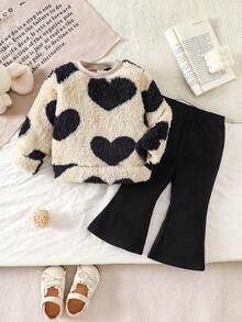2pcs/Set Baby Girls Heart Pattern Knitted Fluffy Sweater And Fleece Bell-Bottom Pants,Black Autumn Cute Family Matching Winter Outfits For Daily Wear - Multicolor - View 1
