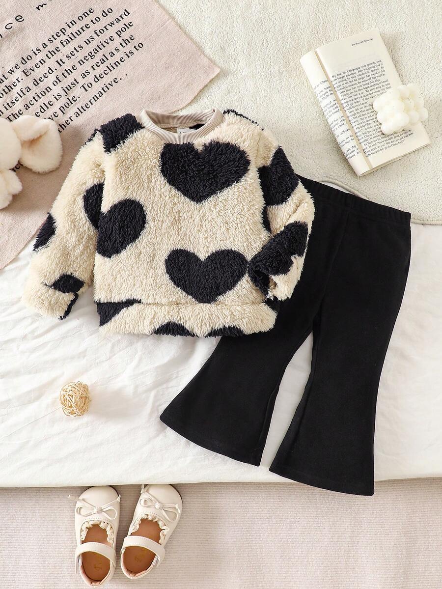 2pcs/Set Baby Girls Heart Pattern Knitted Fluffy Sweater And Fleece Bell-Bottom Pants,Black Autumn Cute Family Matching Winter Outfits For Daily Wear - Multicolor - View 1