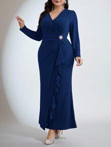 Modelyn 大码纯色裹身长袖荷叶边下摆收腰连衣裙 - 寶藍色 - 查看 5