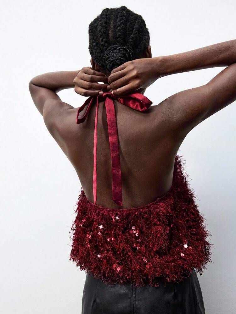 SHEIN Maija Top sexy dos nu à paillettes et patchwork pour femmes, costume d'Halloween. Tenue pour le Nouvel An et les sorties. Top pailleté rouge pour les fêtes de Noël et du Nouvel An pour femmes