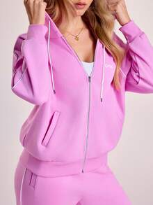 Sovereign Charm Women's Autumn Thermal Lined Gym Jacket,Purple Athleisure Letter Print Contrast Ribbon Pocket Zip Up Hoodie Loose Casual Sports Sweat Suit For Women - Mauve Purple - View 7