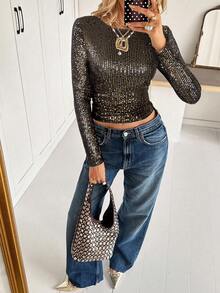 Siren Gaze Maglietta a maniche lunghe con paillettes luccicanti, adatta per feste, appuntamenti e uso quotidiano