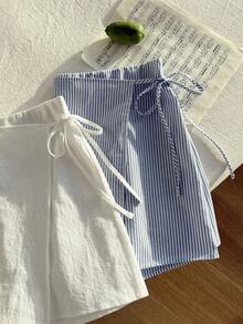 Comfortcana 大码女式 2 件套夏季休闲亚麻蝴蝶结条纹裤裙和白色抽绳裹身短裤套装，适合海滩度假 - 藍白色 - 查看 7