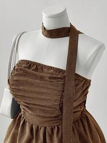 Sunspun 蕾丝下摆露脐上衣，格纹肩带细节