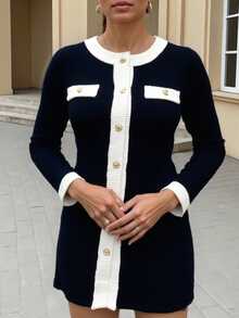 SHEIN Glamour SHEIN Spring And Summer Elegant Autumn New Single-Piece Knitted Black 
And White Long-Sleeved Round-Neck Mid-Length Women's Party Cardigan New Year Dress - Black and White - View 9