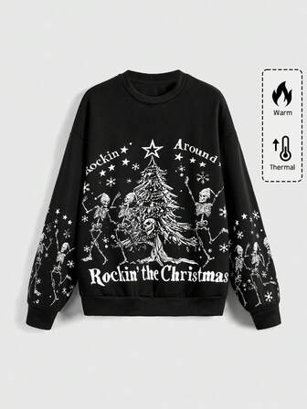 Goth Sudadera con estampado gráfico de calavera gótica y Navidad