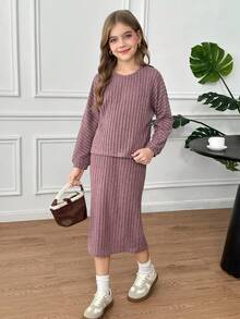 SHEIN SHIEN 女童蝙蝠袖针织罗纹露脐上衣和中长裙两件套，休闲日常穿着，适合秋冬季节和休闲场合 - 粉色 - 查看 7