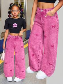 SHEIN Tween Girls' Y2K Trending Solid Washed Bowknot Jeans Embroidered Bow Baggy Denim Straight Leg Jeans,Tween Girl Fall Clothes Back To School Streetwear Outfits - Pink - View 5