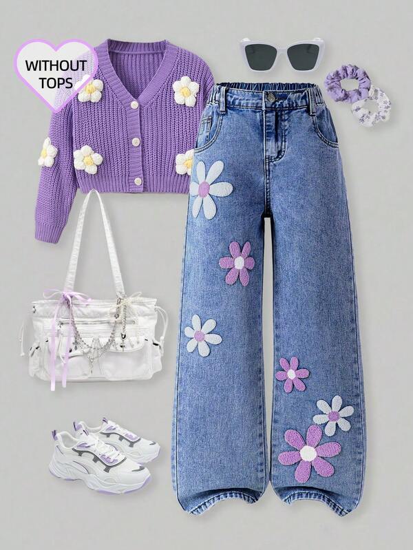 SHEIN Jeans de pierna ancha con bordado de copos de nieve desgastados, nueva moda para niñas preadolescentes