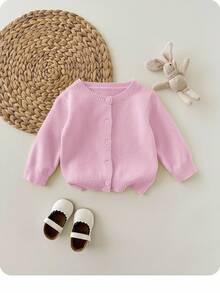 SHEIN Baby Girls' Solid Color Casual Minimalist Button-Front Cardigan - Pink - View 5