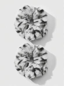 ROMWE Kawaii 2pcs Retro Chic Fashionable High-Quality Black & White Leopard Print Fluffy Scrunchies Set, Versatile Combo Suitable For Women, Daily Wear Or Gift - Black and white -32 - View 2