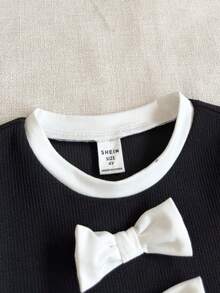 PrepCrw Rochie cu mâneci colorate și decorațiuni cu funde, cu guler rotund, pentru fete tinere - Alb-negru - Vizualizare 5