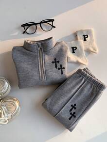 2pcs/Set Baby Boys Thermal Lined Crew Neck Sweatshirt And Jogger Pants Set, Comfortable & Versatile Daily Casual Outfit With Cute Graphic Designs, Suitable For Indoor, Outdoor, Skiing, Sports, Play, Party, Holidays In Autumn/Winter Baby Boy Winter Sets Baby Set Autumn Winter Season - Black and White - View 5