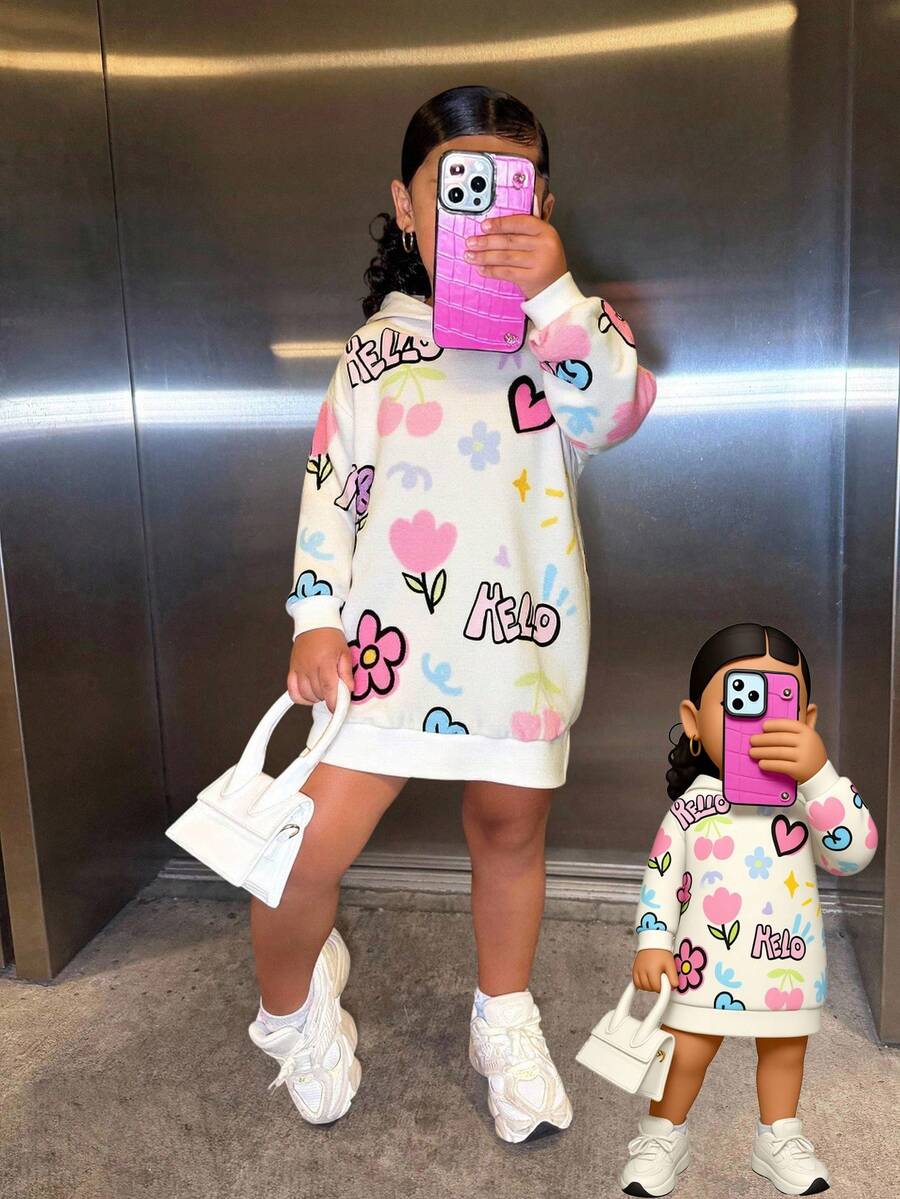 SHEIN 少女宽松休闲简约舒适连帽长款卫衣,字母印花,适合夏季和秋季休闲日常穿着及上学穿着。 - 米色 - 查看 1