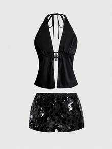 ROMWE Grunge Punk Punk Rock Diva Festival Outfit, Halter Neck Sexy Sequin Cross Pendant 2 Pieces Set For New Year Party, Millennium Y2K - Black - View 2