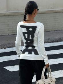 SHEIN Muchic Women's Letter Print Fitted Long Sleeve T-Shirt, White Y2k Top - White - View 7