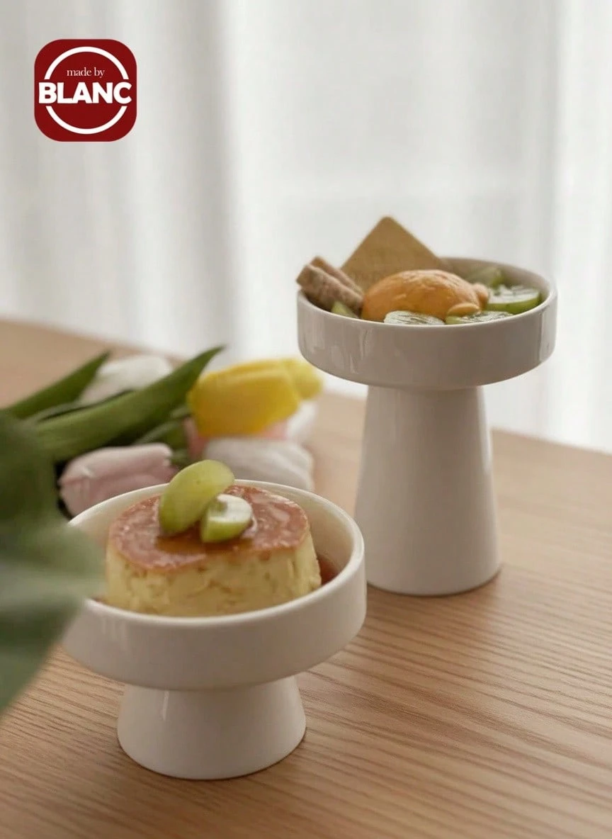 1pc Minimalist White Ceramic High-Foot Plate, Design Bowl For Dessert, Snacks, Fruit Sweets, Home Dining, Pudding, Elegant Decor Plate