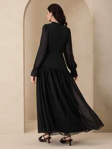 Graceveil Women's Elegant Chiffon Round Neck Decorative Button Dress, Black, Autumn/Winter - Black - View 2