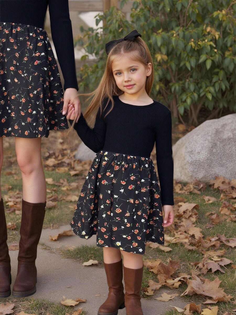 SHEIN Young Girl Casual Round Neck Long Sleeve Solid Color Patchwork Ditsy Floral Long Sleeve Dress