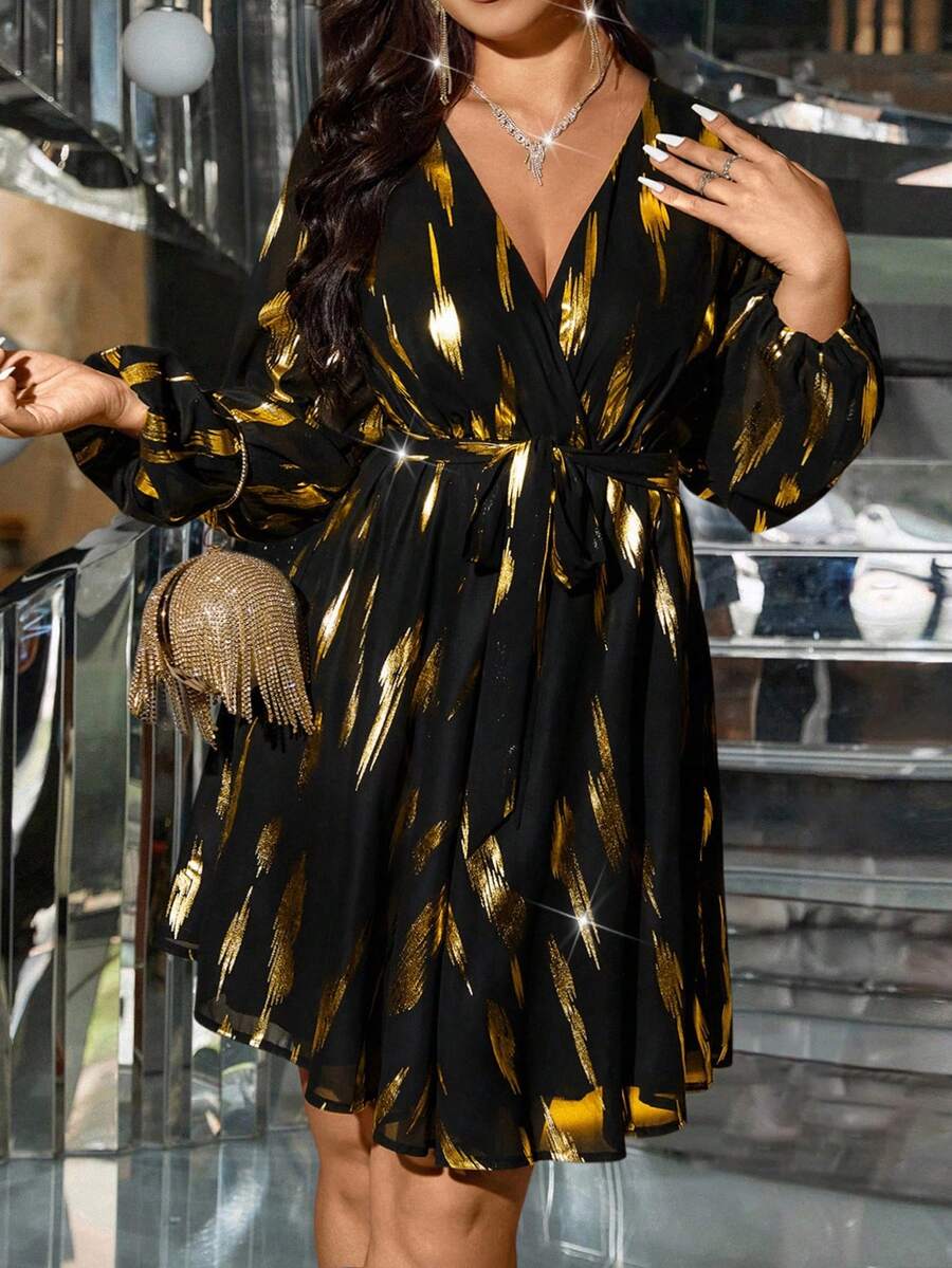 SHEIN PETITE Petite Series Women's Elegant Gold Foil Tie-Waist A-Line Mini Dress - Black - View 1