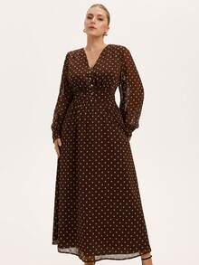 Chiquease 优雅V领雪纺波点印花收腰喇叭长连衣裙，大码，初秋，英伦风 - 彩色 - 查看 3