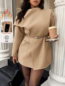 Easura Plus Size Women's Solid Color Long Sleeve Scarf Collar Pocket Design Woolen Coat, Autumn/Winter - Khaki - View 1