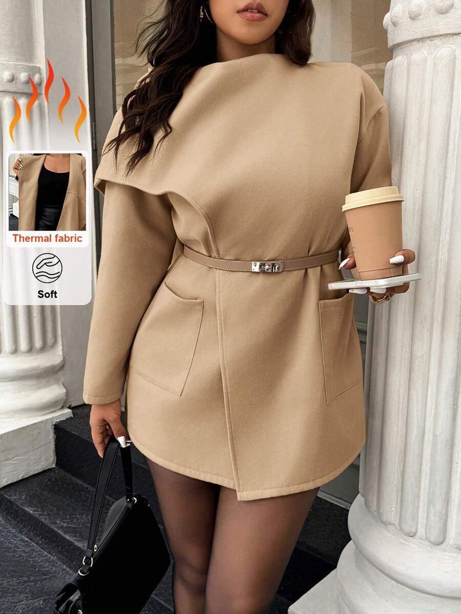 Easura Plus Size Women's Solid Color Long Sleeve Scarf Collar Pocket Design Woolen Coat, Autumn/Winter - Khaki - View 1