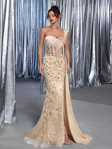 Glamrae Elegant Luxurious Embroidered Sequin Lace Satin Splice Slit Fishtail Formal & Evening Dress With Side Drape,Suitable For Weddings,Parties,Balls - Apricot - View 5