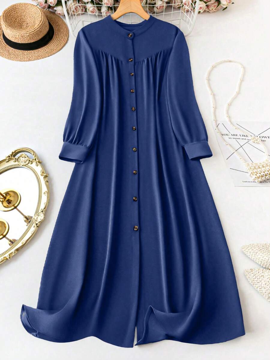 EMERY ROSE 加大码纯色前开襟长袖连衣裙，圣诞节女士长款套装 - 藍色 - 查看 1