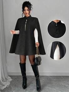 Elenzga Áo choàng len cổ khóa thanh lịch cỡ lớn cho nữ - Màu xám đen - Xem 1