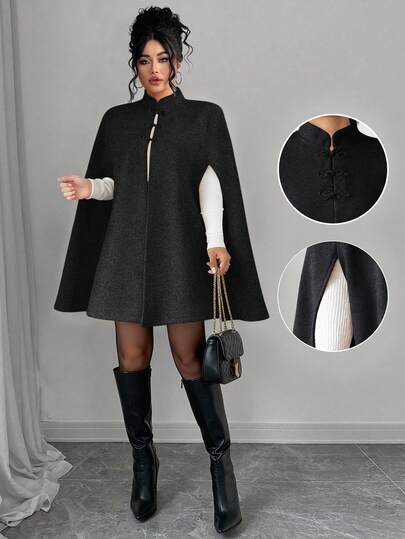 Elenzga Plus Size Women Elegant Buckle Collar Woolen Cape Coat