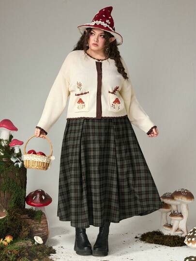 Fairycore Cardigan tricoté beige de grande taille avec broderie contrastée de champignons, feuilles d'érable et plantes, style élégant de forêt pour les grandes tailles. Top pull pour femmes, automne/hiver