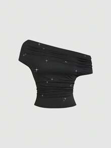 Sweetra 性感美式朋克风无袖露脐上衣，垂褶领口，露肩设计，闪亮亮片装饰，修身剪裁，适合初秋穿着，女士款 - 黑色 - 查看 8