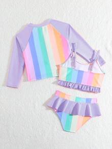 SHEIN 少女彩色条纹泳衣套装 - 紫色 - 查看 2